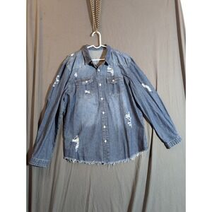 MANFINITY Mens Distressed Denim Shirt Long Sleeve Button Up Blue Size XL